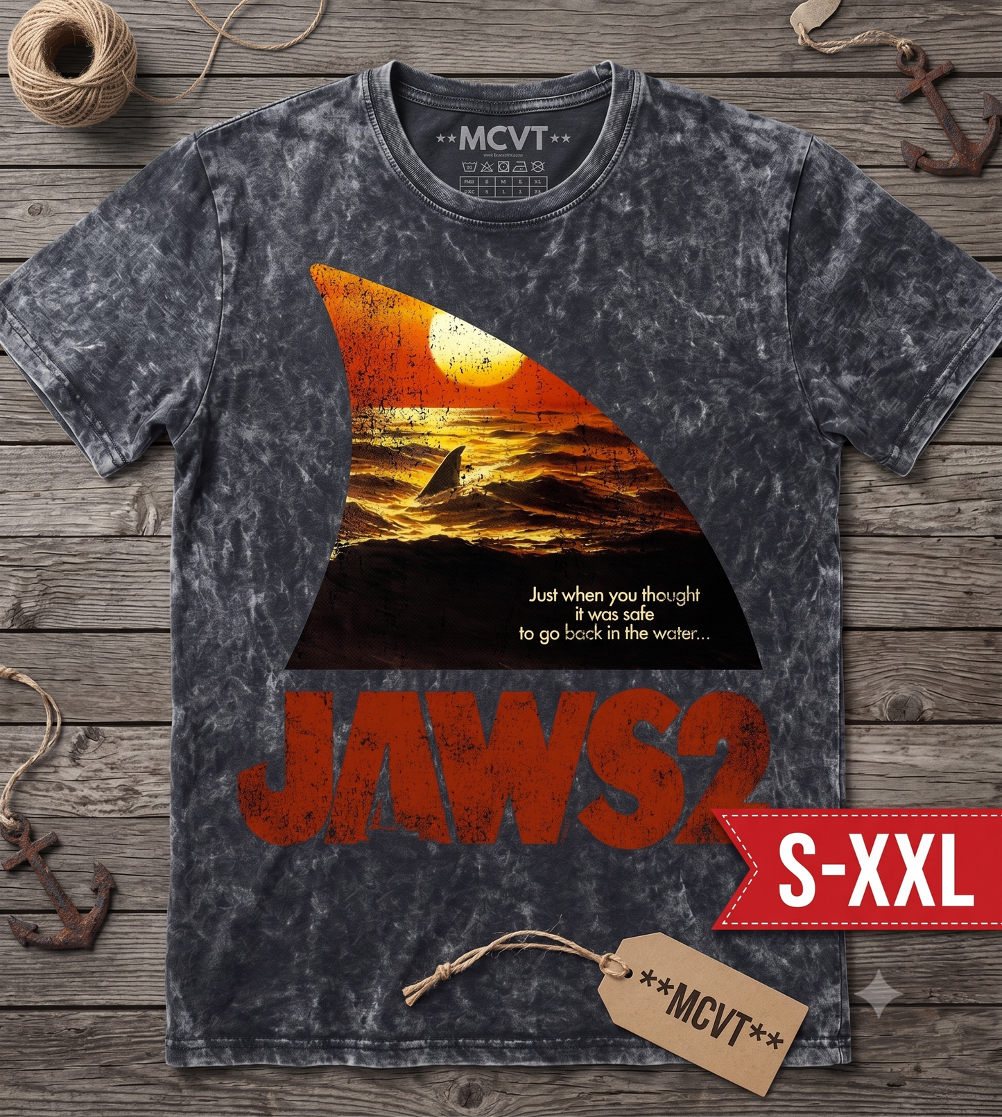 JAWS 2 Jumbo Print Acid Washed Vintage 90s Style Heavyweight T-Shirt