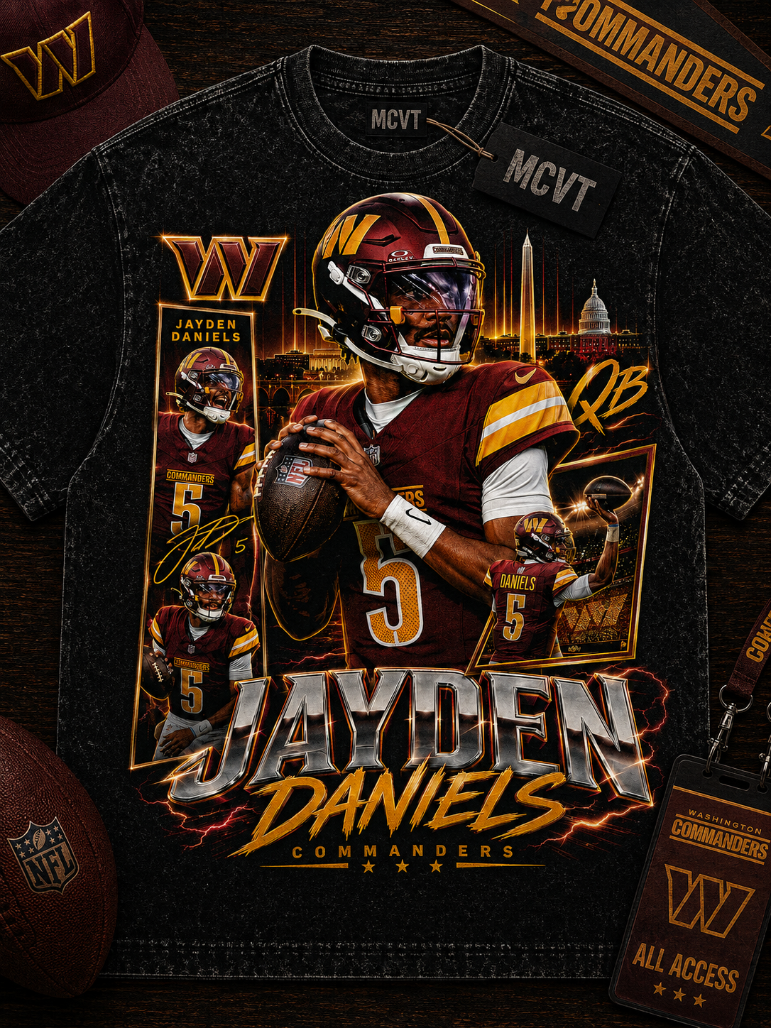 JAYDEN DANIELS Jumbo Print Acid Washed Vintage 90s Style Heavyweight T-Shirt