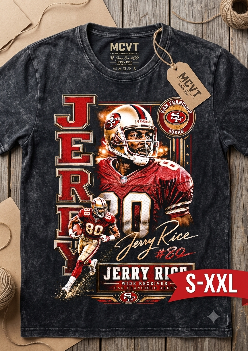 JERRY RICE Jumbo Print Acid Washed Vintage 90s Style Heavyweight T-Shirt