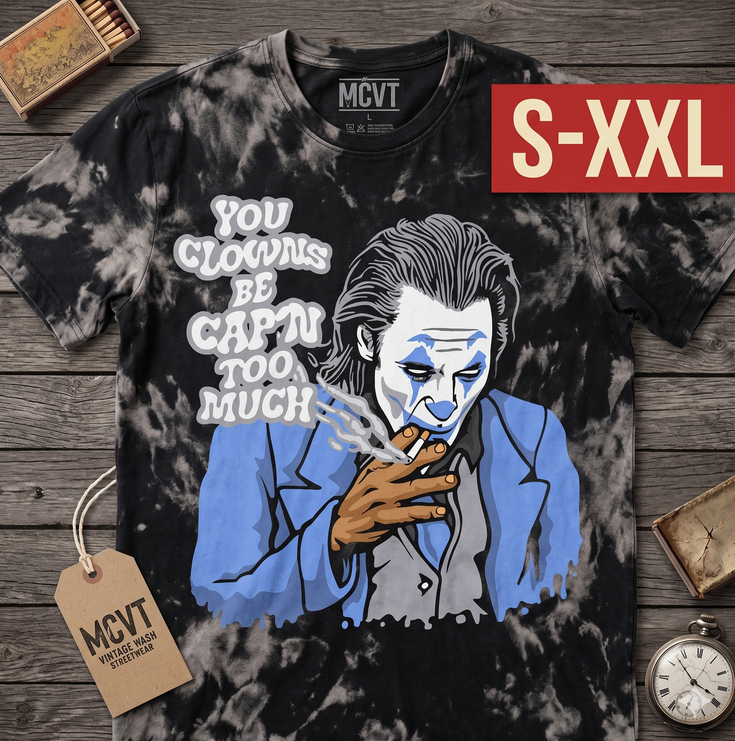 THE JOKER Jumbo Print Acid Washed Vintage 90s Style Heavyweight T-Shirt