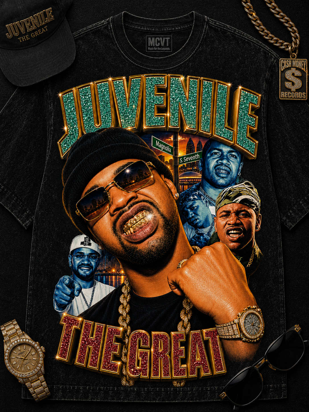 JUVENILE Jumbo Print Acid Washed Vintage 90s Style Heavyweight T-Shirt