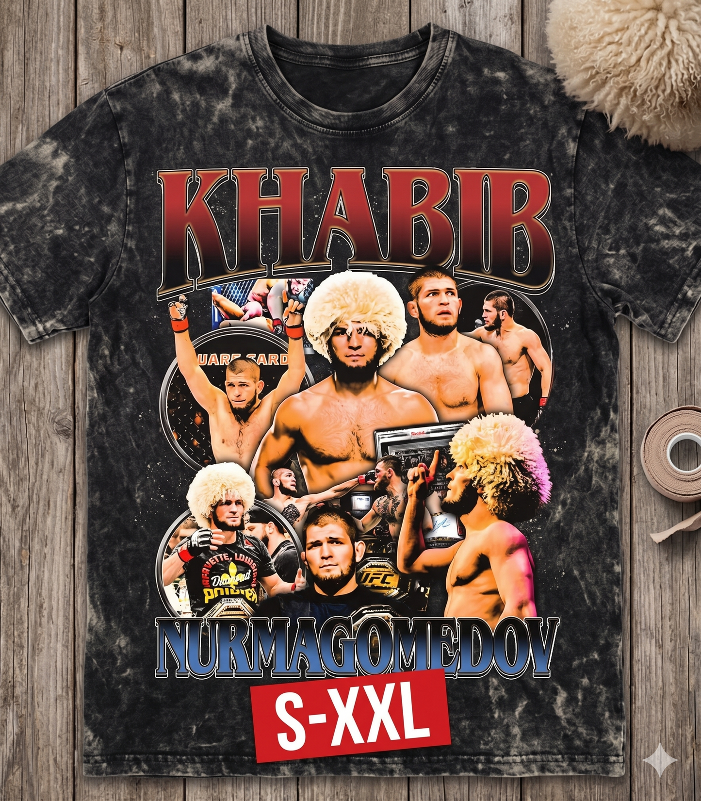 KHABIB Jumbo Print Acid Washed Vintage 90s Style Heavyweight T-Shirt