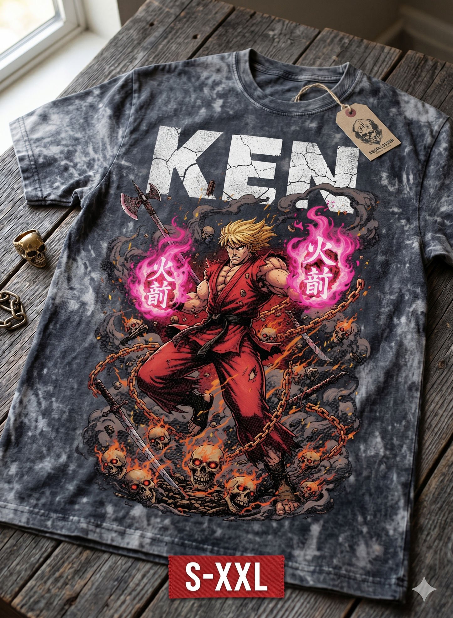 KEN Jumbo Print Acid Washed Vintage 90s Style Heavyweight T Shirt