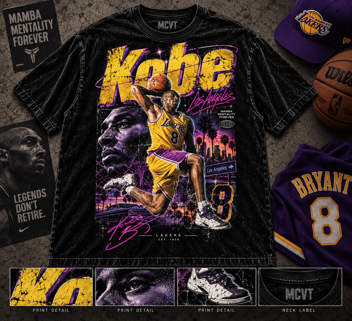 KOBE ICONIC SERIES Jumbo Print Acid Washed Vintage 90s Style Heavyweight T-Shirt