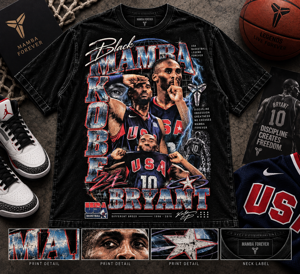 KOBE USA ICONIC SERIES Jumbo Print Acid Washed Vintage 90s Style Heavyweight T-Shirt