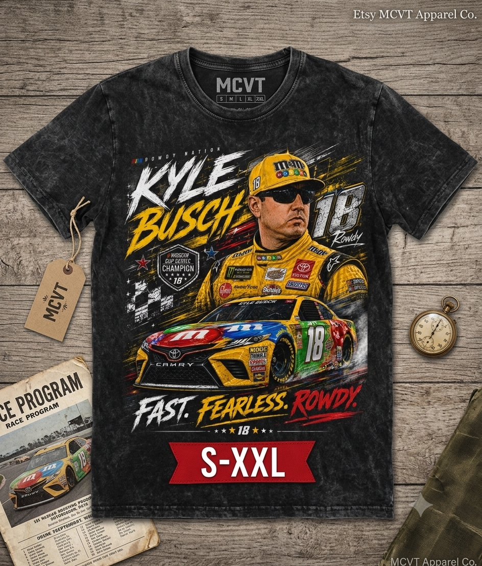 KYLE BUSCH Jumbo Print Acid Washed Vintage 90s Style Heavyweight T-Shirt