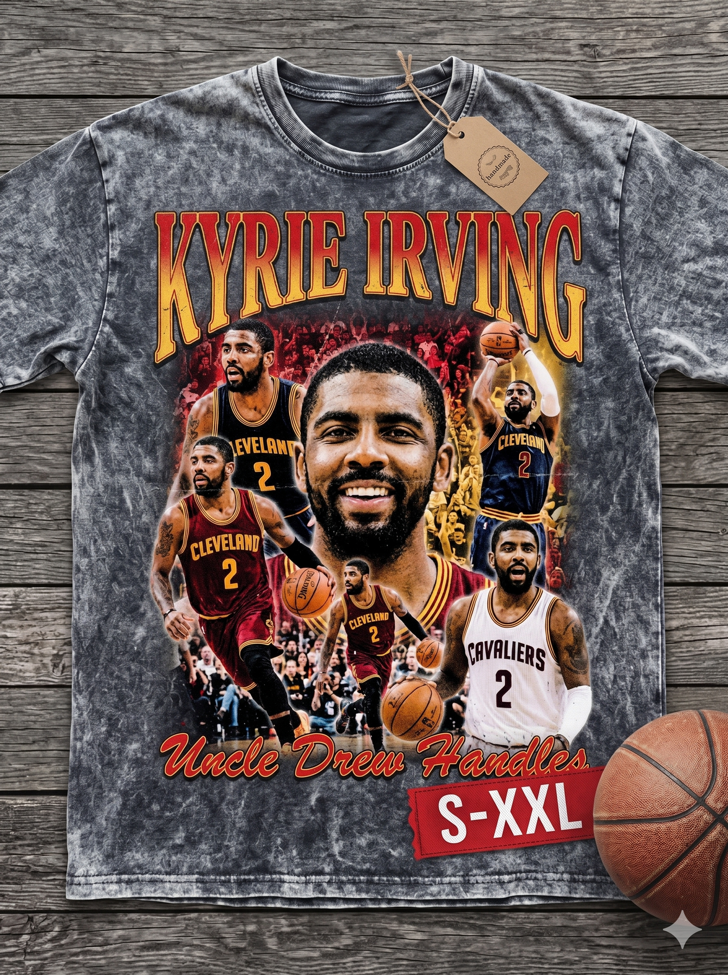 KYRIE IRVING CLE Jumbo Print Acid Washed Vintage 90s Style Heavyweight T Shirt