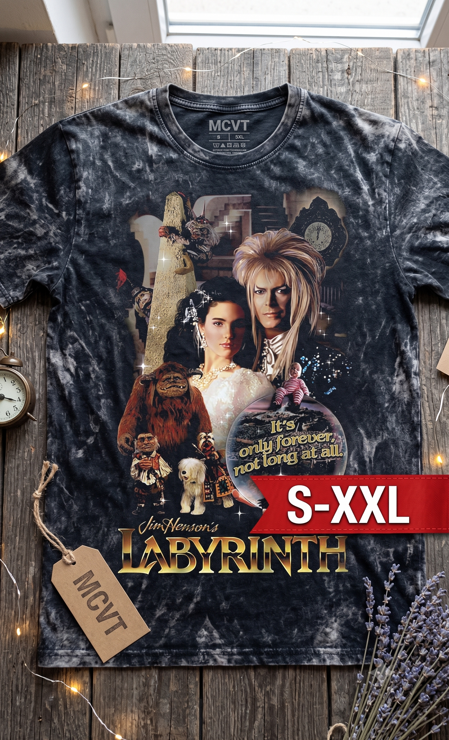 LABYRINTH Jumbo Print Acid Washed Vintage 90s Style Heavyweight T-Shirt
