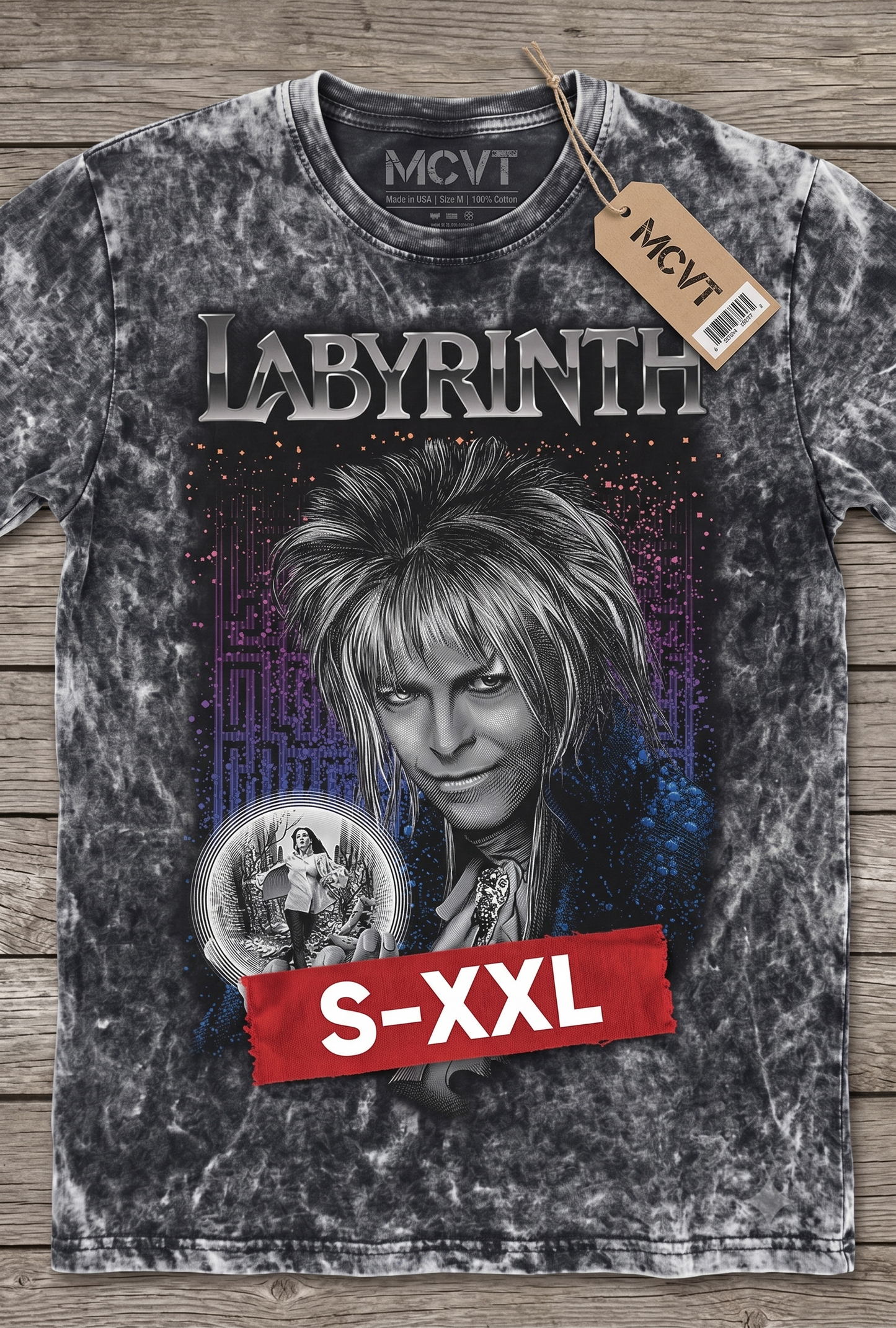 LABYRINTH Jumbo Print Acid Washed Vintage 90s Style Heavyweight T-Shirt