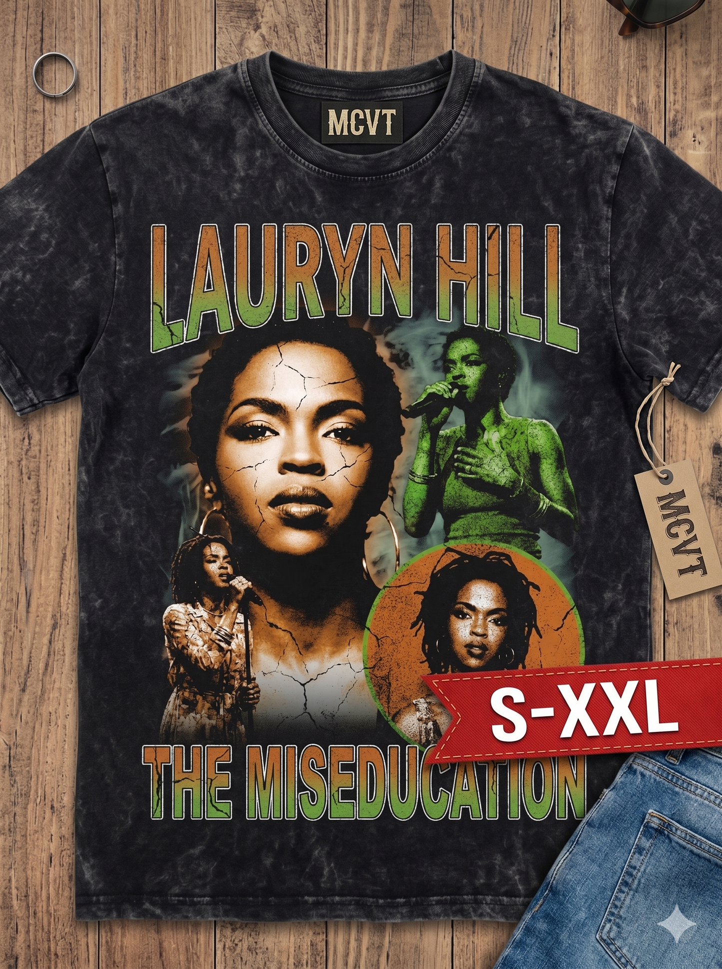 LAURYN HILL Jumbo Print Acid Washed Vintage 90s Style Heavyweight T-Shirt
