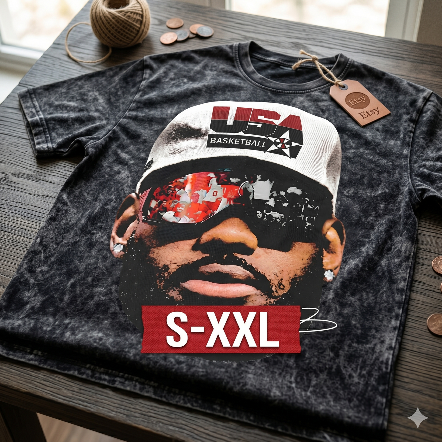 USA LEBRON BIG FACE Jumbo Print Acid Washed Vintage 90s Style Heavyweight T Shirt