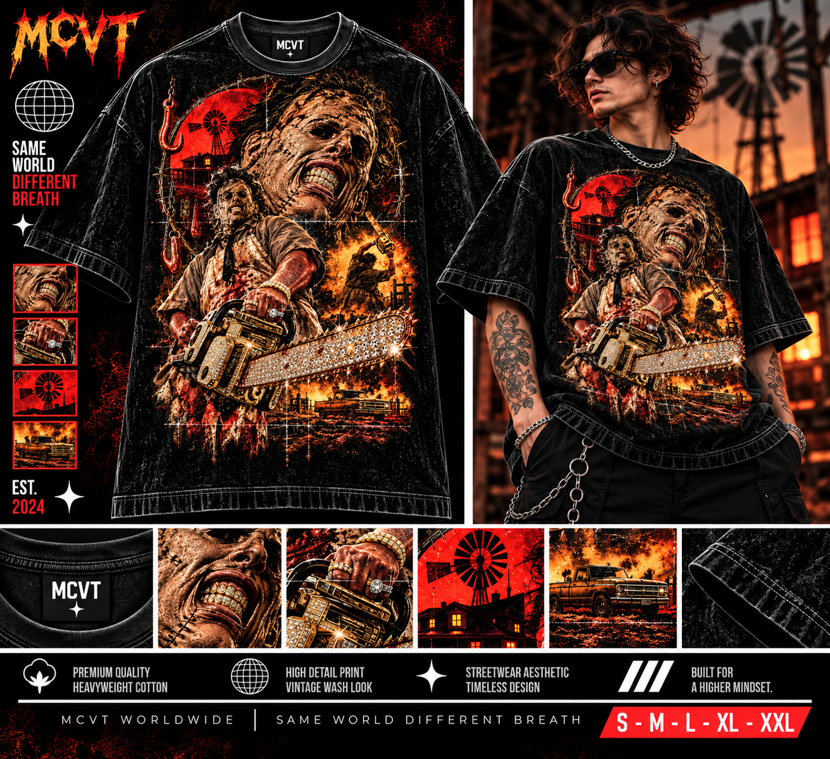 LEATHERFACE ICONIC SERIES Jumbo Print Acid Washed Vintage 90s Style Heavyweight T-Shirt