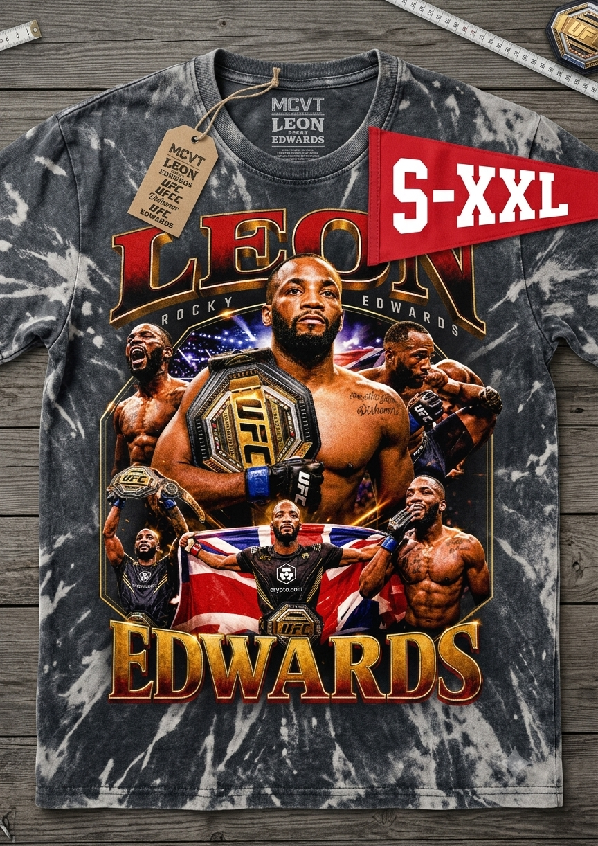 LEON EDWARDS Jumbo Print Acid Washed Vintage 90s Style Heavyweight T-Shirt