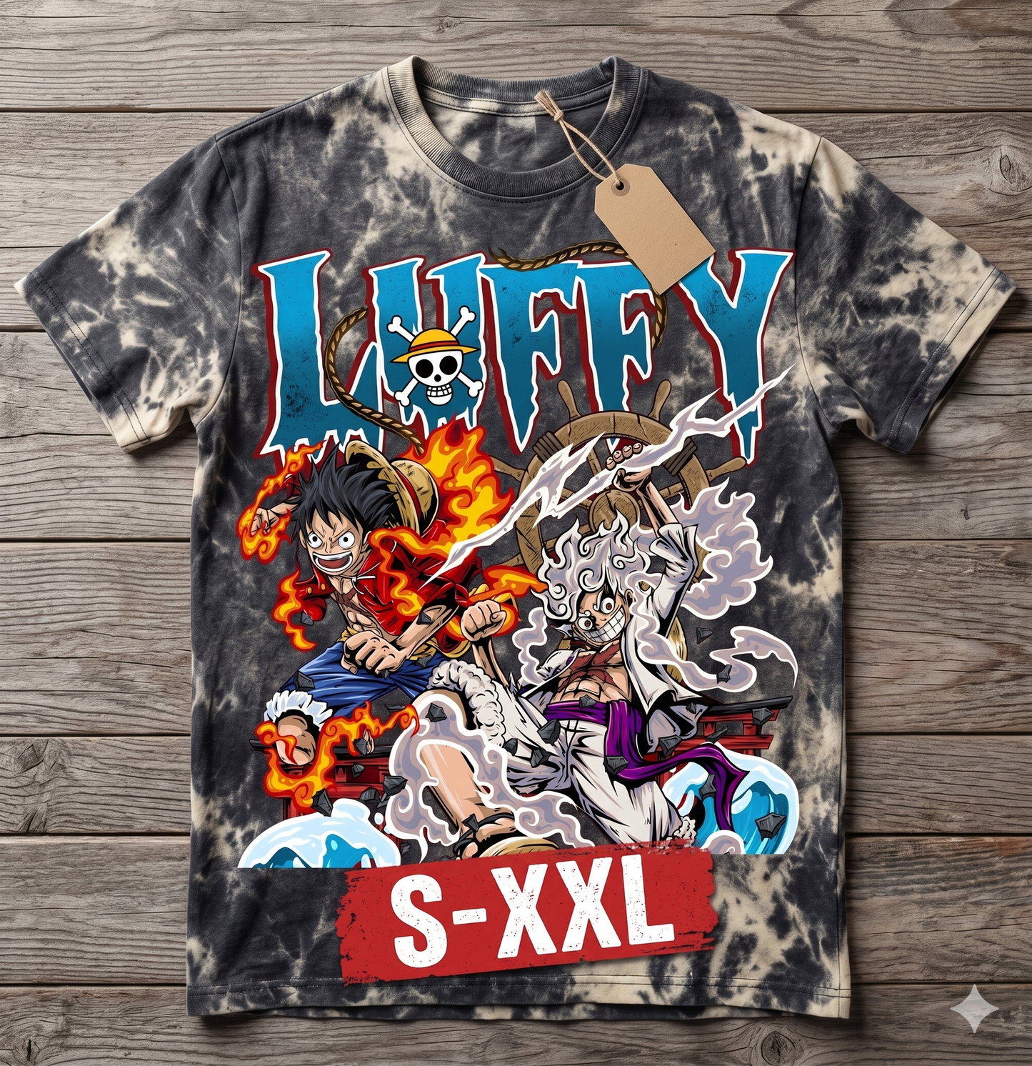 LUFFY Jumbo Print Acid Washed Vintage 90s Style Heavyweight T-Shirt