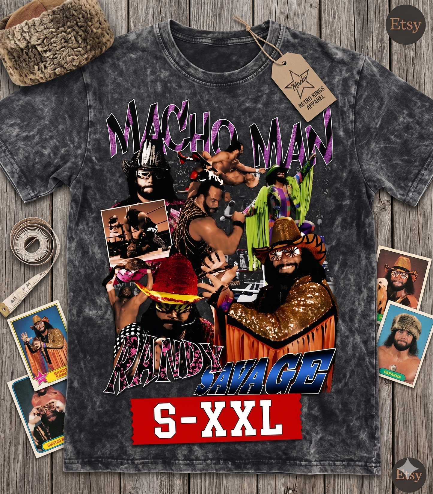 MACHO MAN Jumbo Print Acid Washed Vintage 90s Style Heavyweight T-Shirt