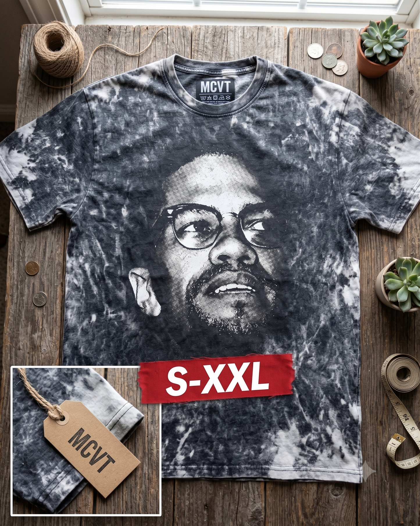 MALCOM X Jumbo Print Acid Washed Vintage 90s Style Heavyweight T-Shirt
