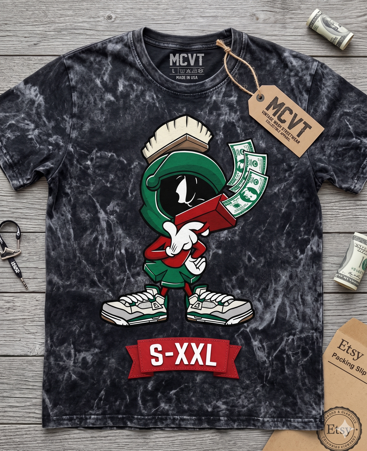 MARVIN MARTIAN Jumbo Print Acid Washed Vintage 90s Style Heavyweight T-Shirt