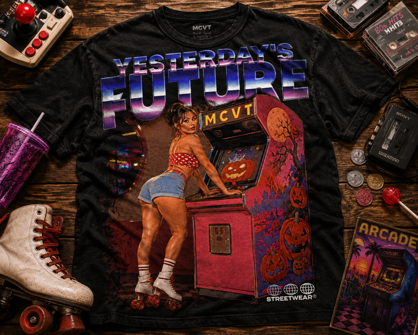 MCVT YESTERDAYS FUTURE Jumbo Print Acid Washed Vintage 90s Style Heavyweight T-Shirt
