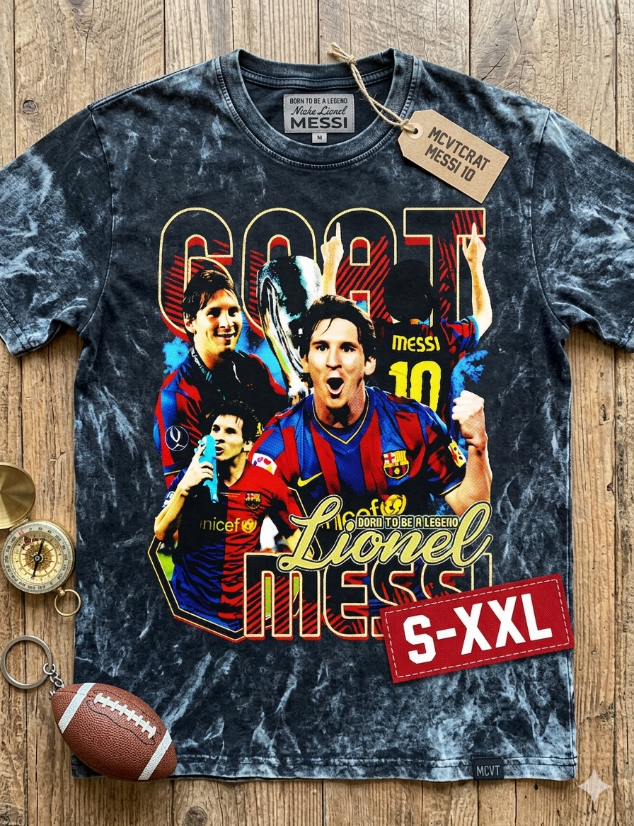 LIONEL MESSI Jumbo Print Acid Washed Vintage 90s Style Heavyweight T-Shirt