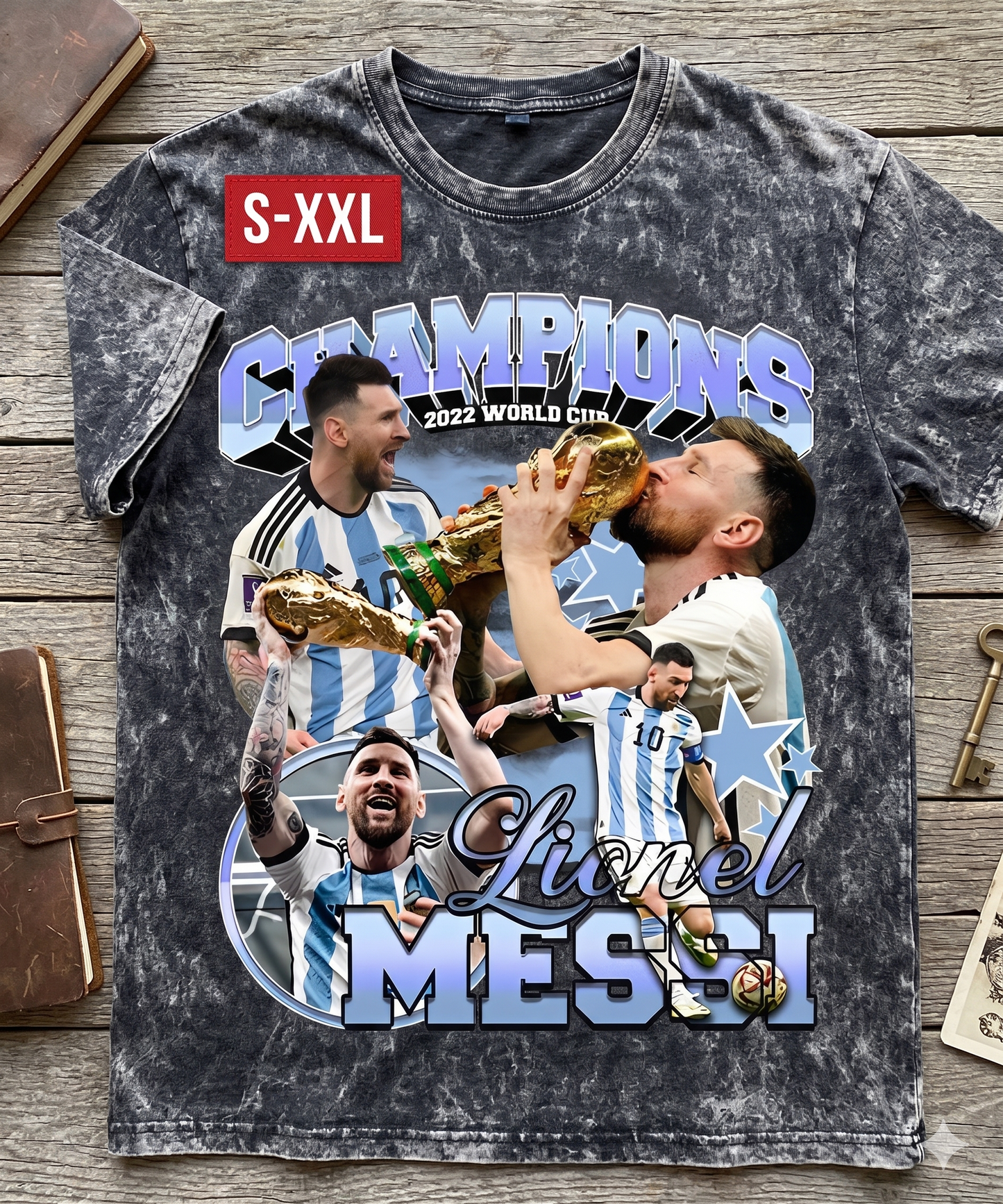 LIONEL MESSI Jumbo Print Acid Washed Vintage 90s Style Heavyweight T-Shirt