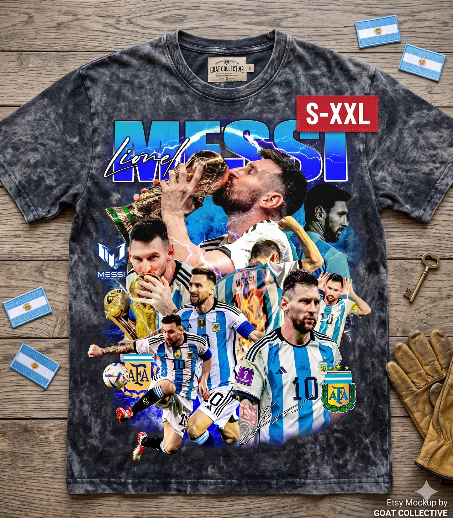 LIONEL MESSI Jumbo Print Acid Washed Vintage 90s Style Heavyweight T-Shirt