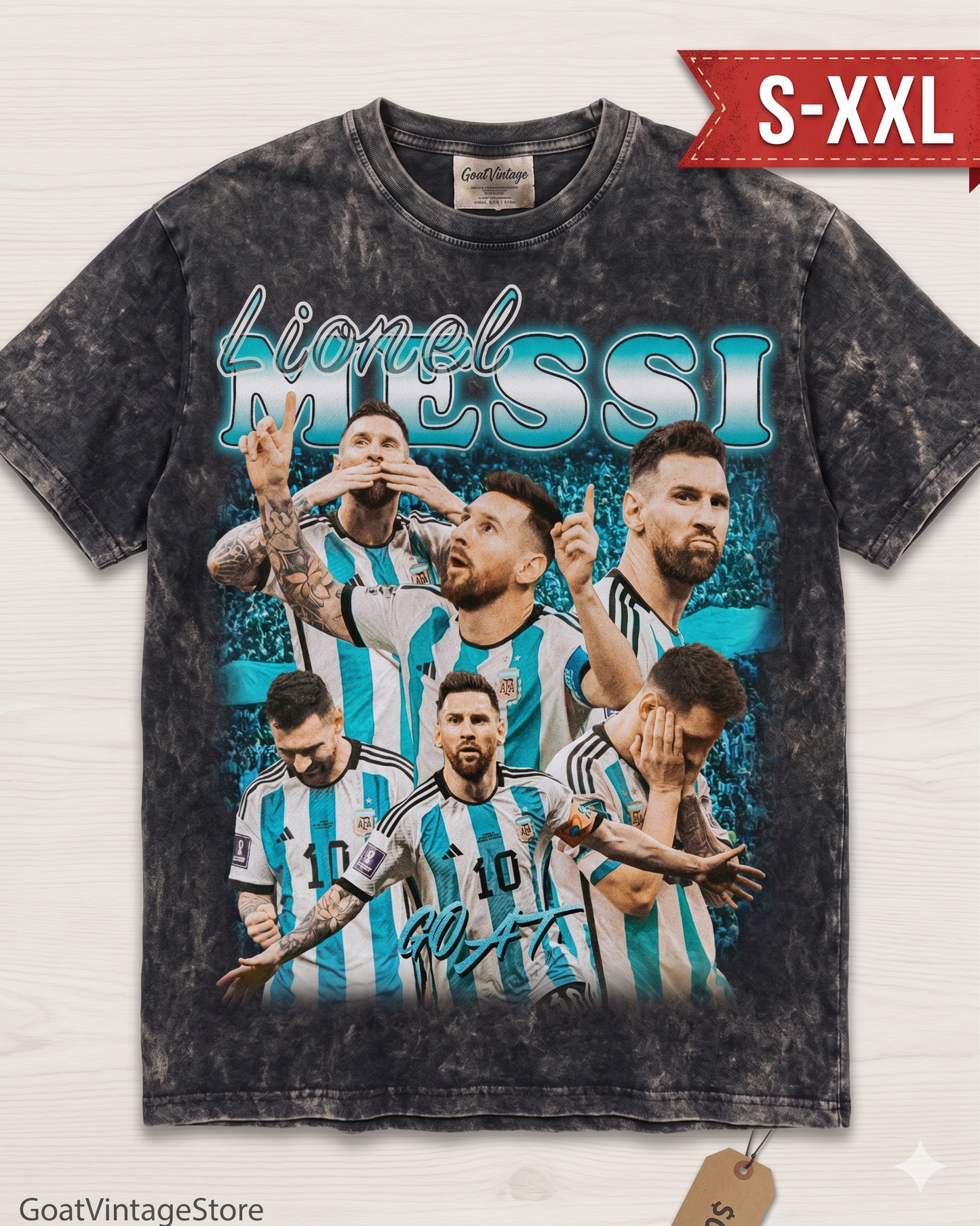 LIONEL MESSI Jumbo Print Acid Washed Vintage 90s Style Heavyweight T-Shirt