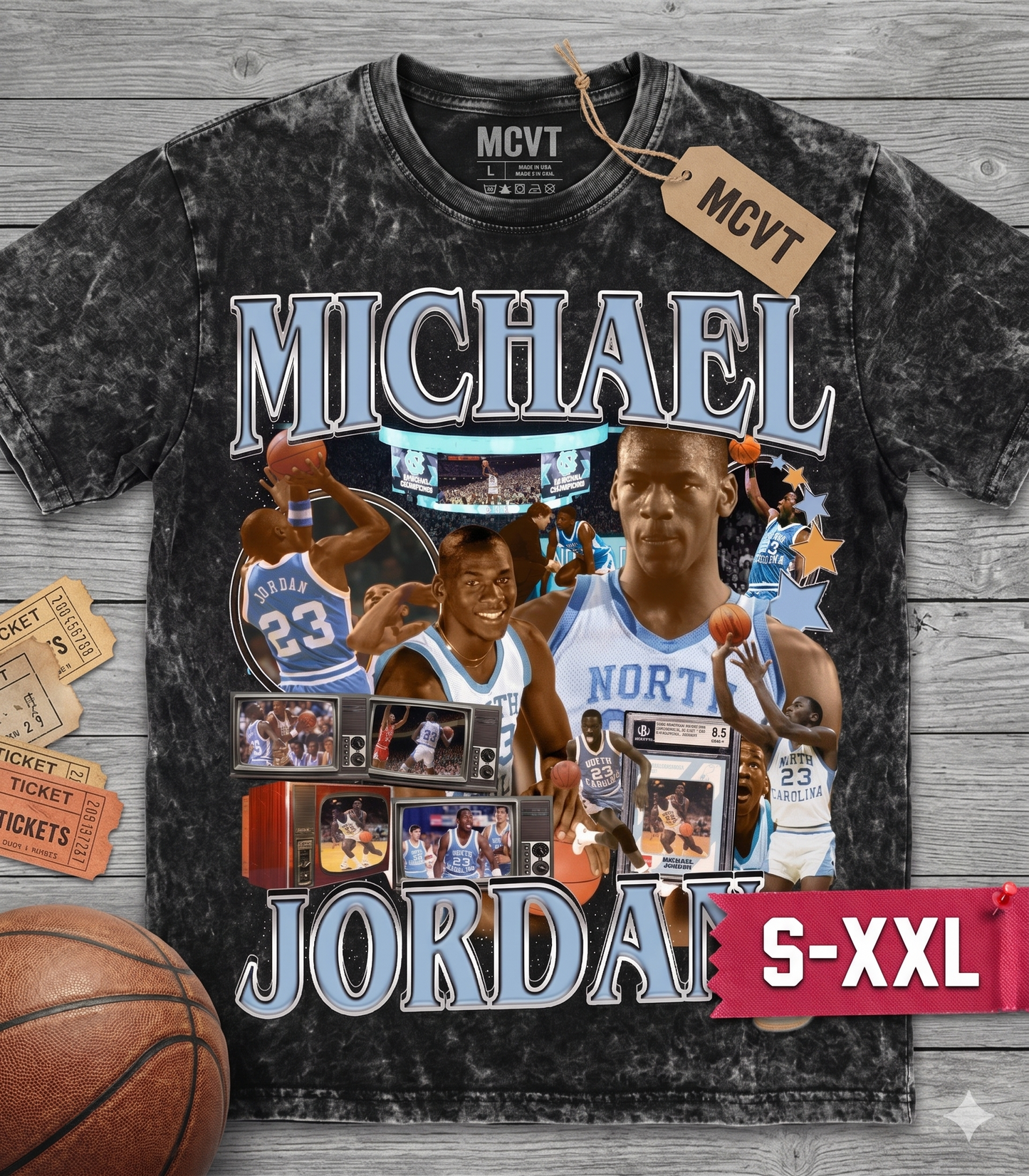 MICHAEL JORDAN UNC Jumbo Print Acid Washed Vintage 90s Style Heavyweight T-Shirt