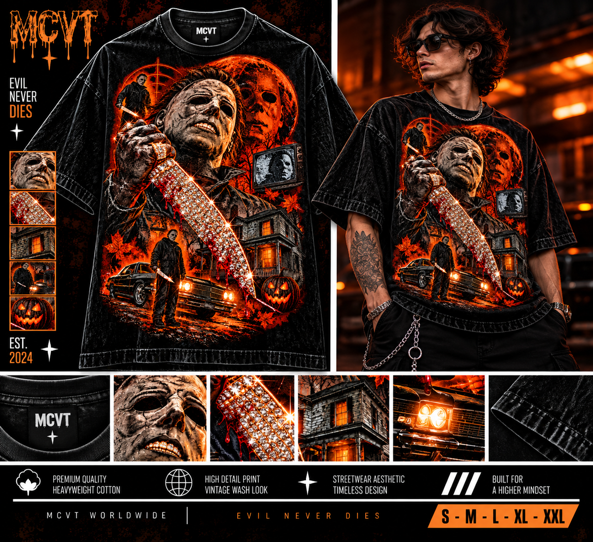 MICHAEL MYERS ICONIC SERIES Jumbo Print Acid Washed Vintage 90s Style Heavyweight T-Shirt