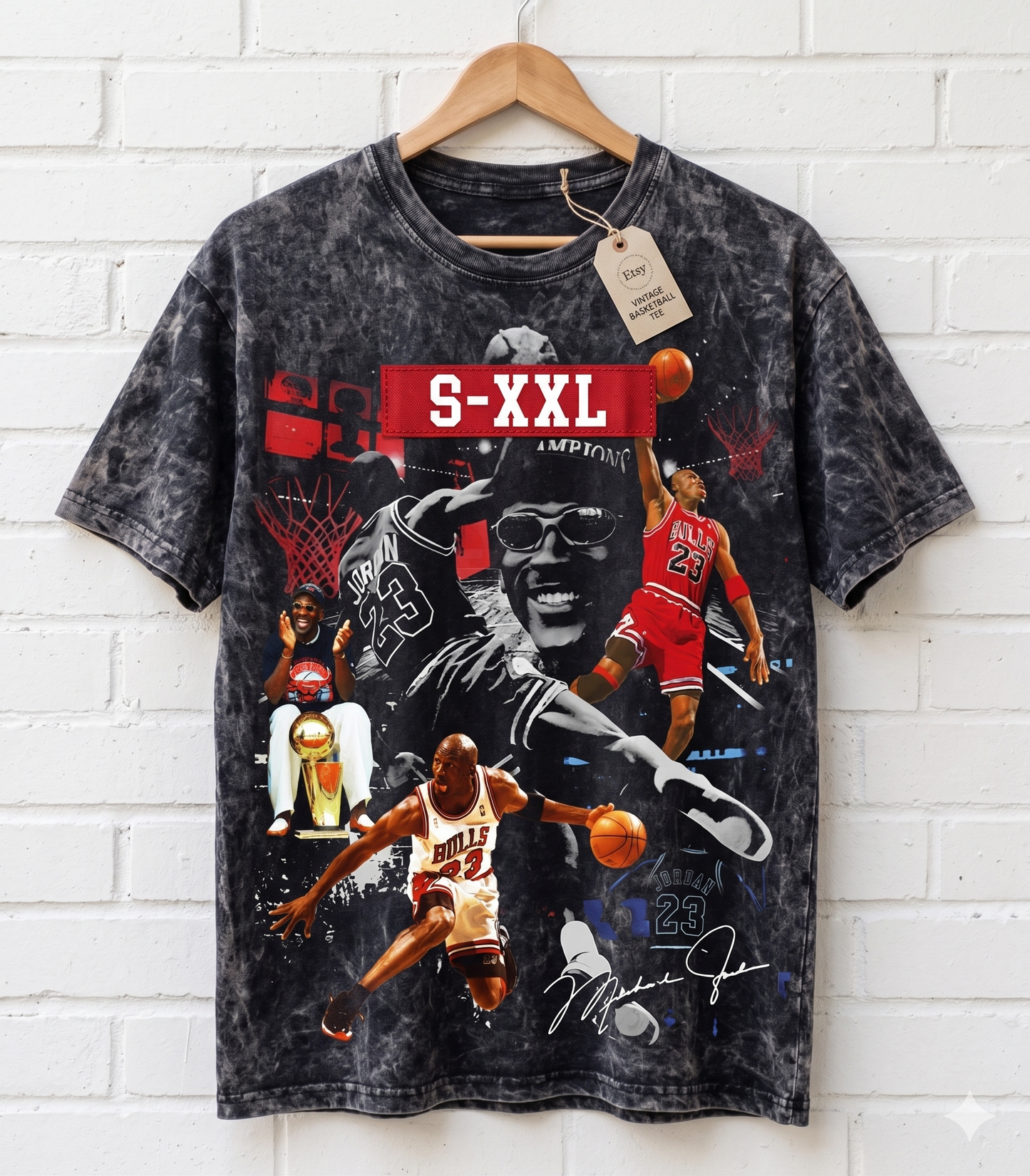 MICHAEL JORDAN Jumbo Print Acid Washed Vintage 90s Style Heavyweight T-Shirt