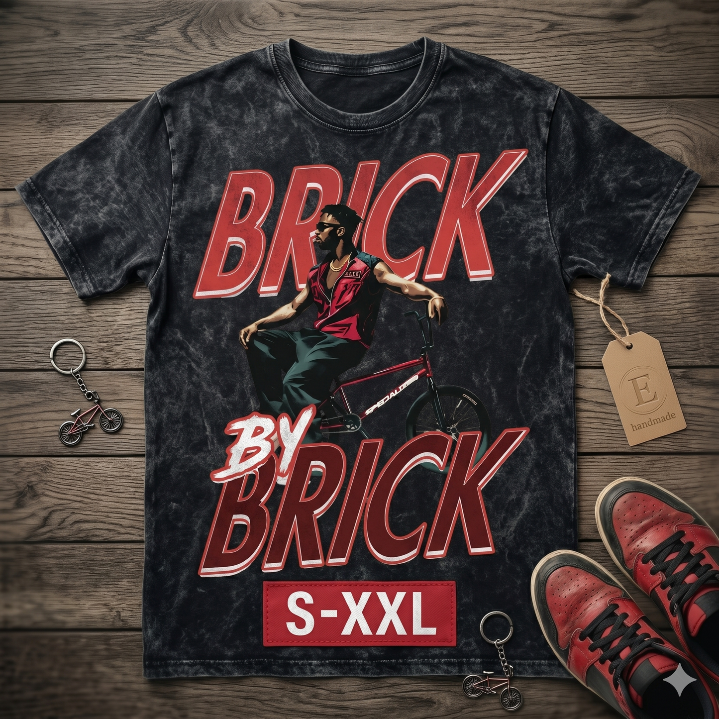 NIGEL BRICK Jumbo Print Acid Washed Vintage 90s Style Heavyweight T Shirt