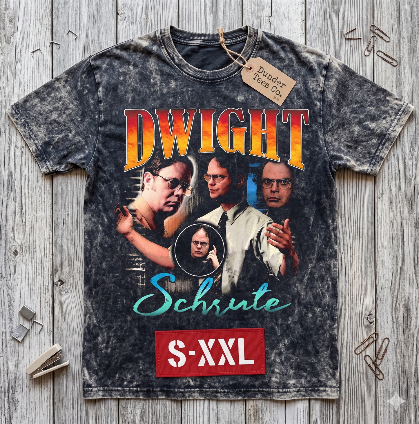 DWIGHT THE OFFICE Jumbo Print Acid Washed Vintage 90s Style Heavyweight T-Shirt