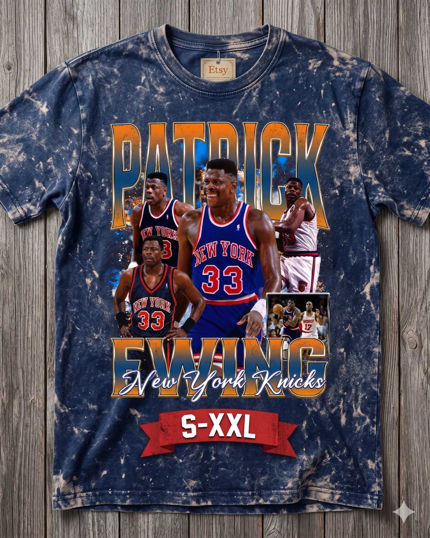 PATRICK EWING Jumbo Print Acid Washed Vintage 90s Style Heavyweight T-Shirt