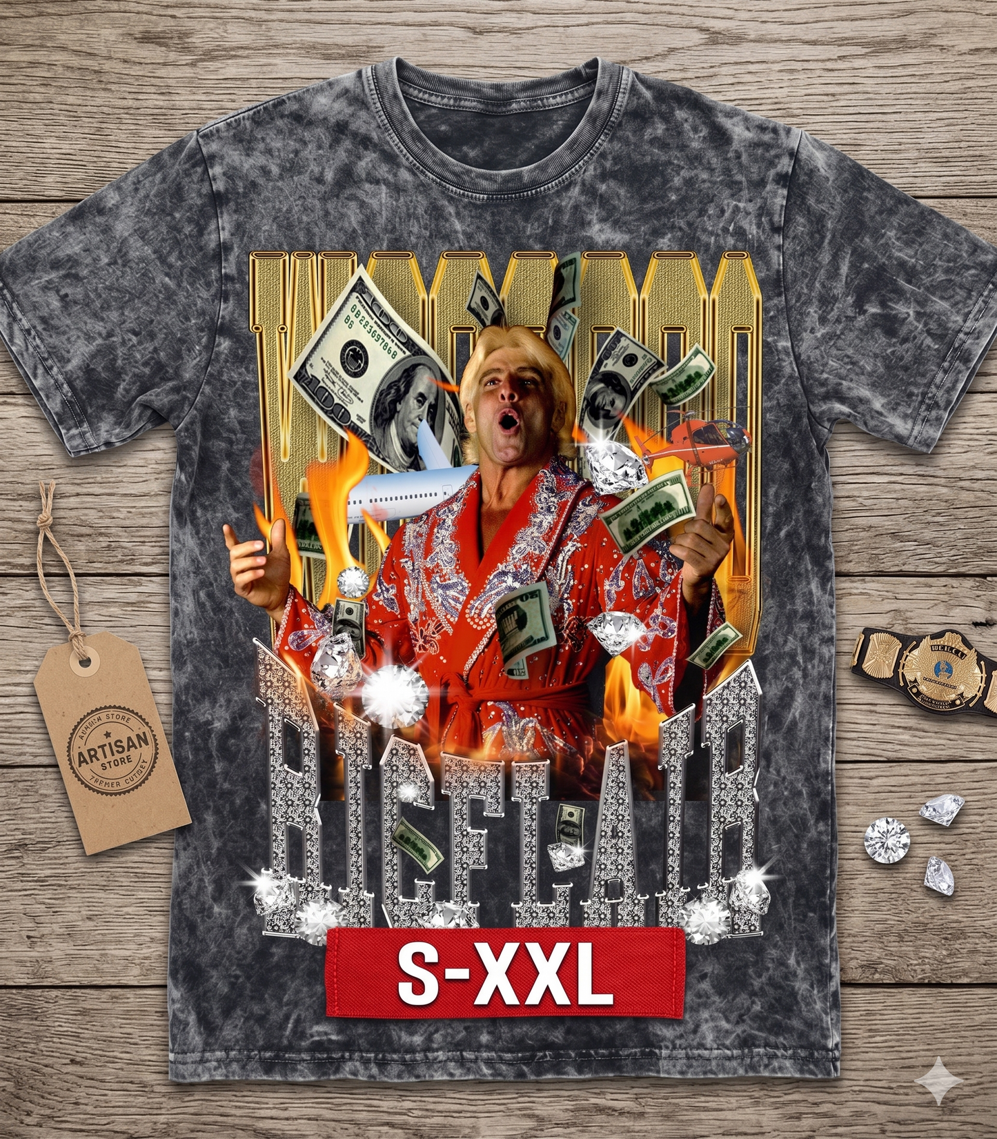 RIC FLAIR Jumbo Print Acid Washed Vintage 90s Style Heavyweight T-Shirt