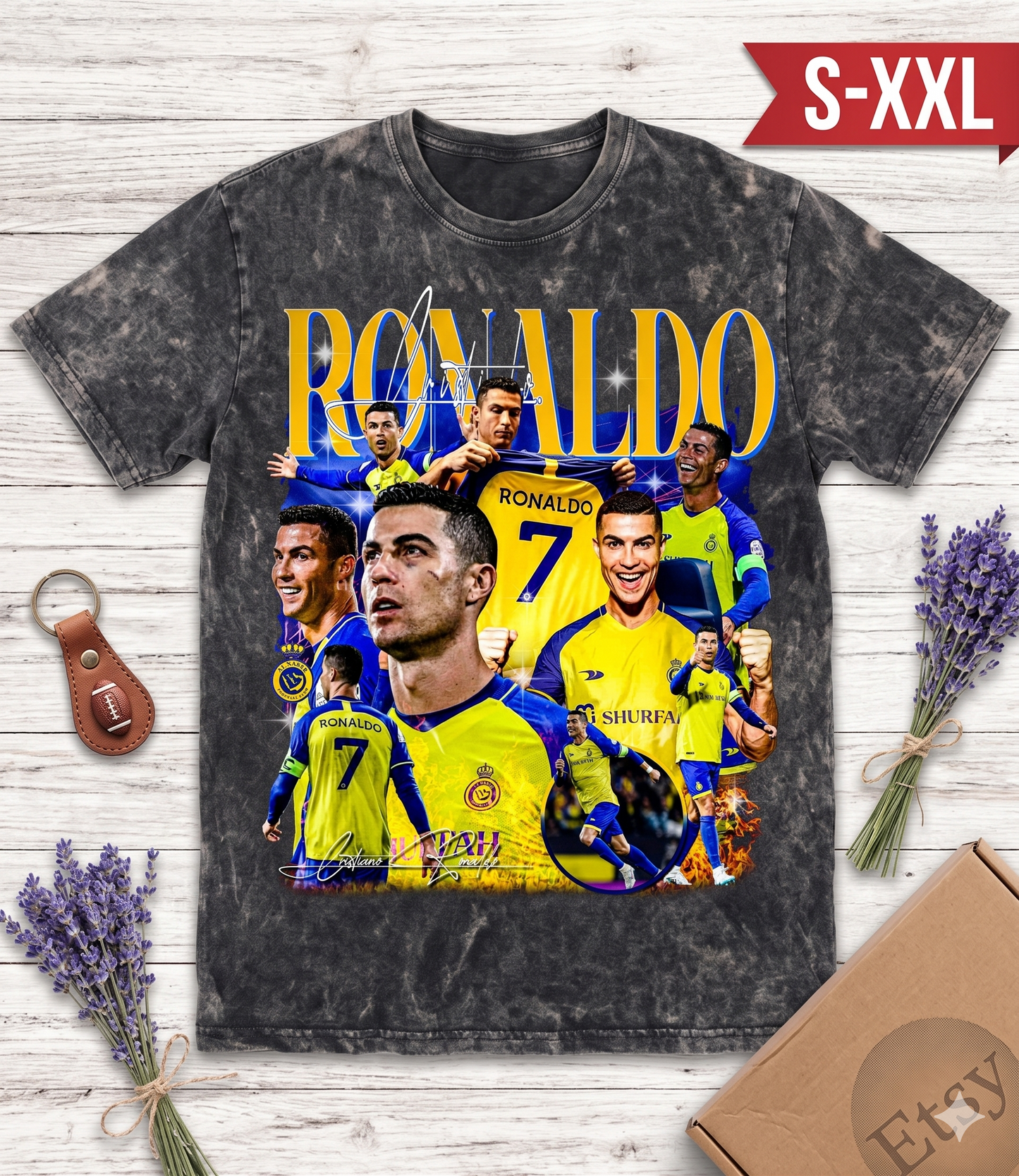RONALDO Jumbo Print Acid Washed Vintage 90s Style Heavyweight T-Shirt