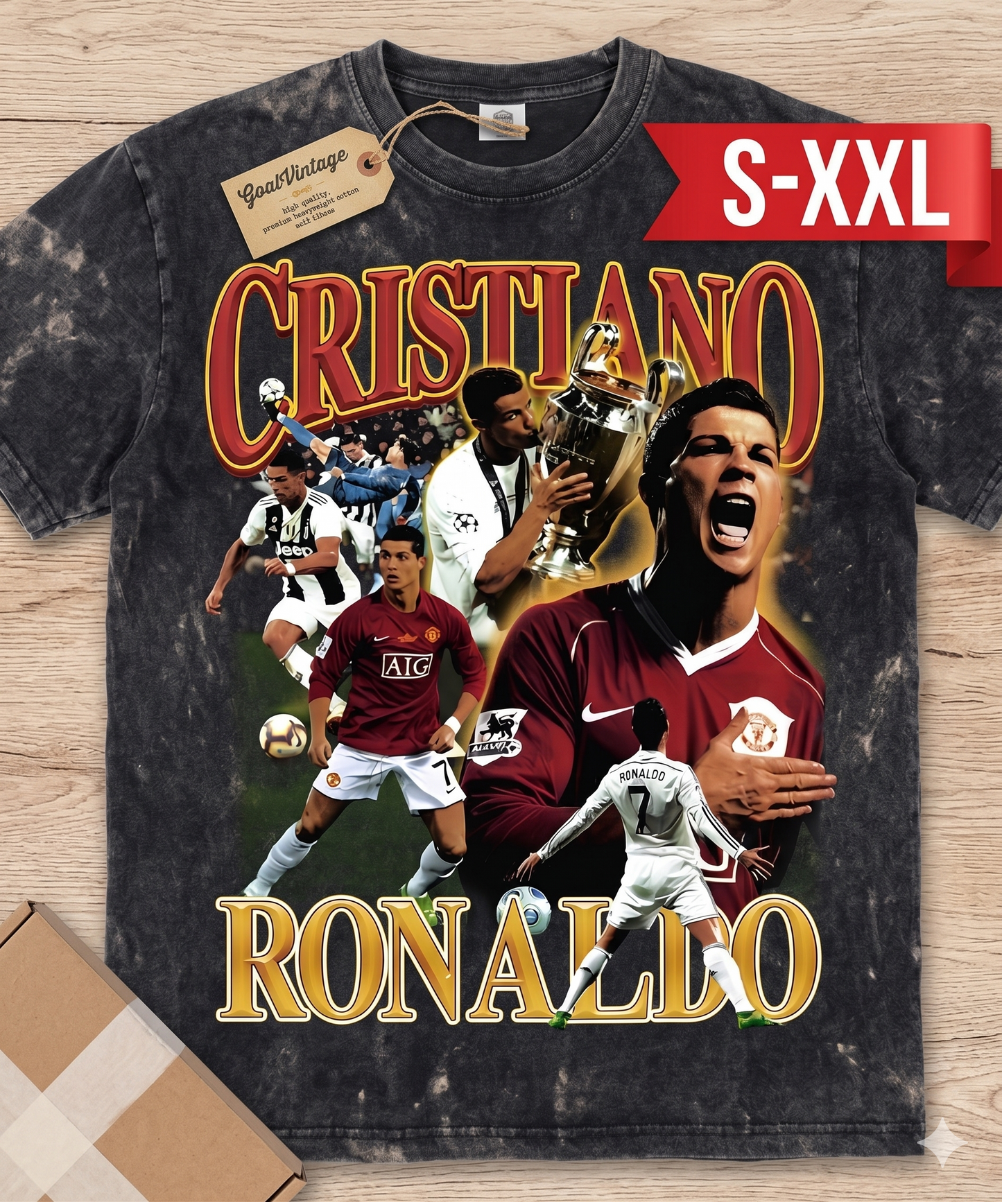 RONALDO Jumbo Print Acid Washed Vintage 90s Style Heavyweight T-Shirt