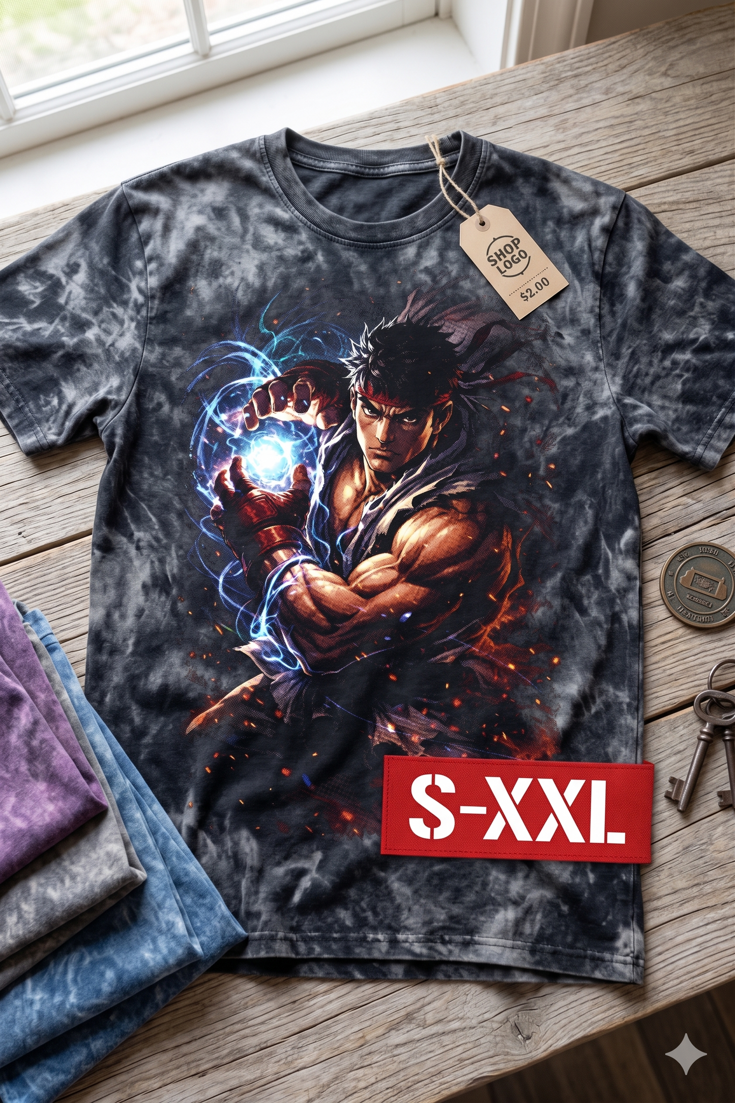 RYU Jumbo Print Acid Washed Vintage 90s Style Heavyweight T-Shirt