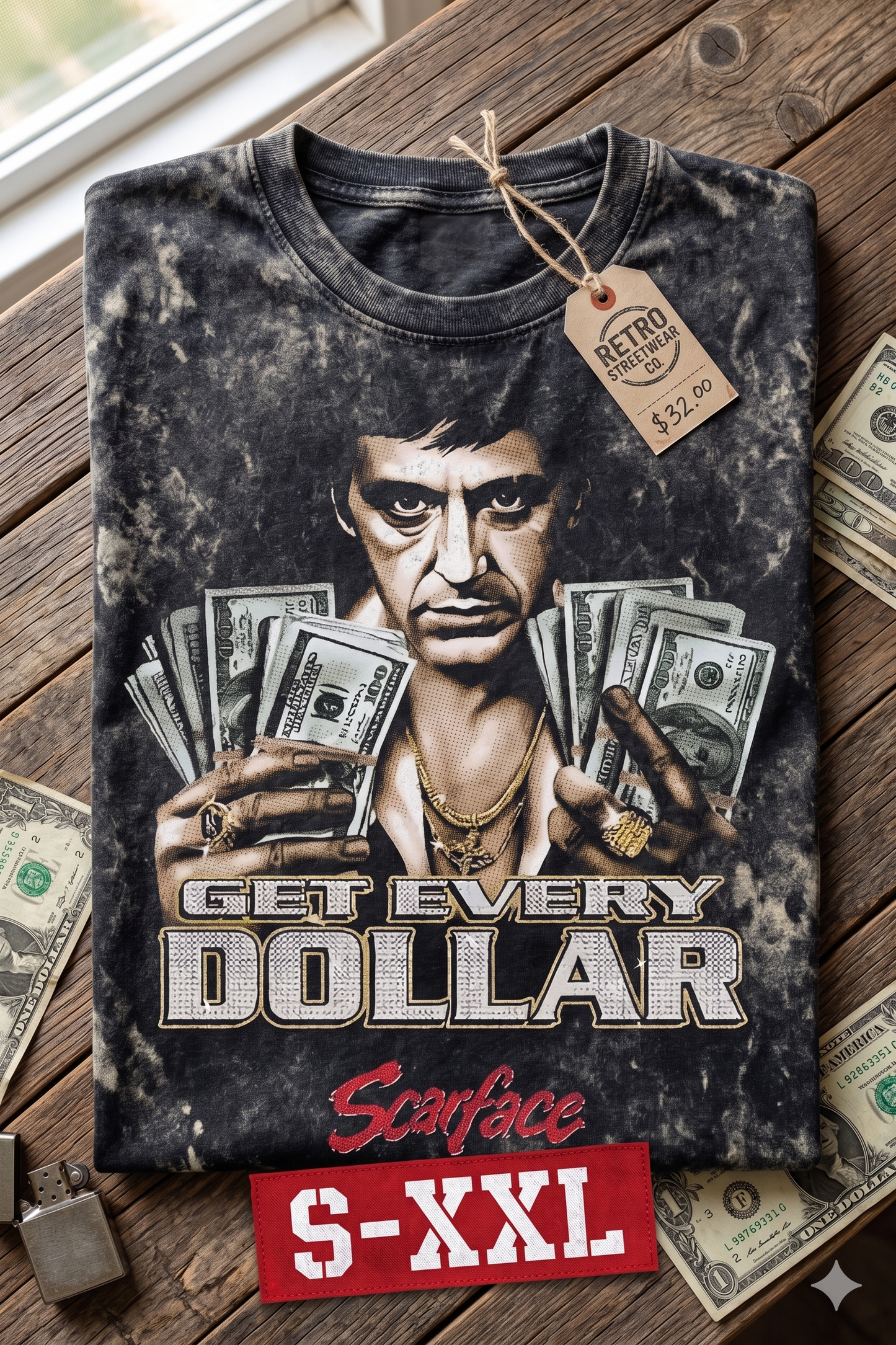 SCARFACE GET EVERY DOLLAR Jumbo Print Acid Washed Vintage 90s Style Heavyweight T-Shirt