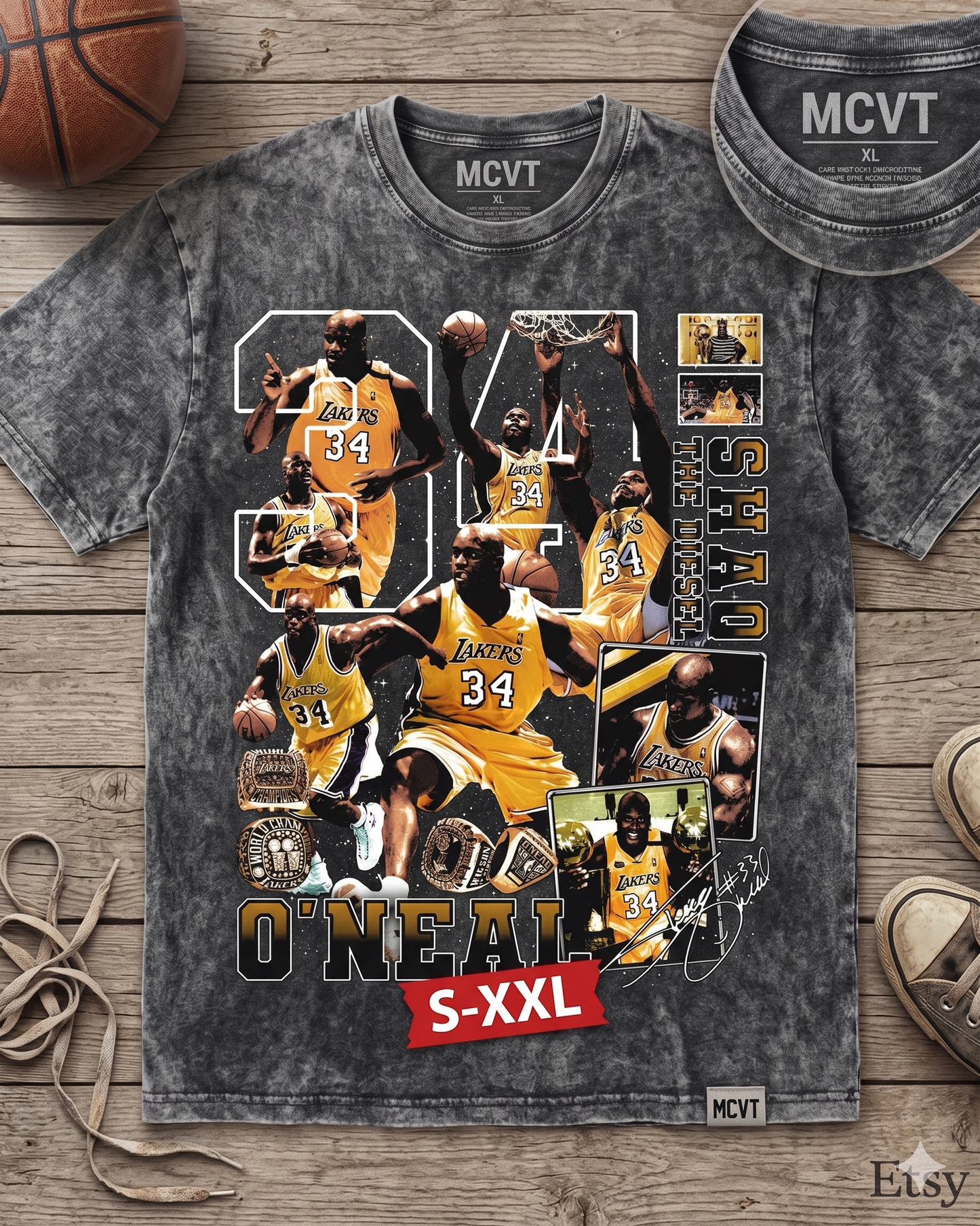 SHAQ Jumbo Print Acid Washed Vintage 90s Style Heavyweight T-Shirt