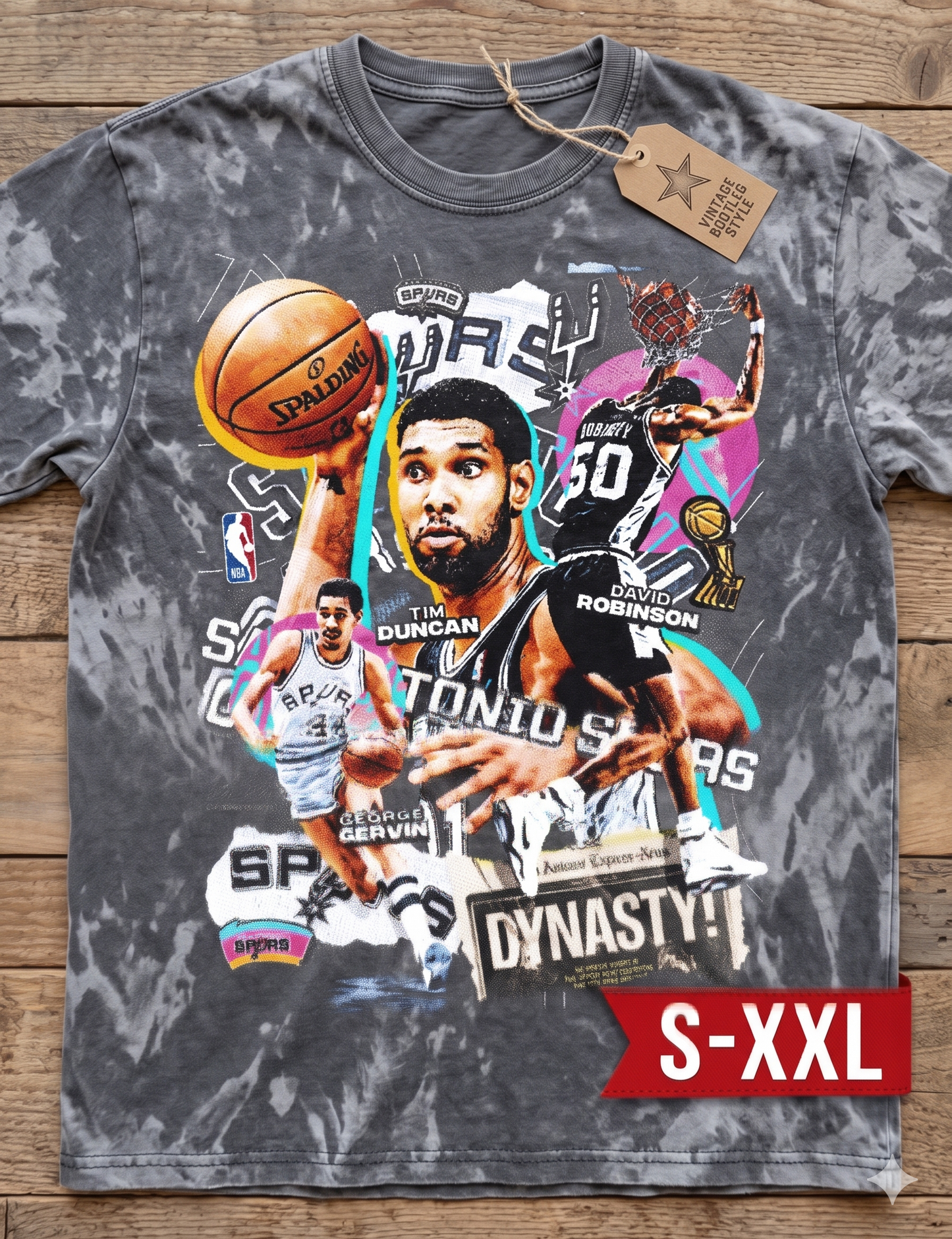 SAN ANTONIO DYNASTY Jumbo Print Acid Washed Vintage 90s Style Heavyweight T Shirt