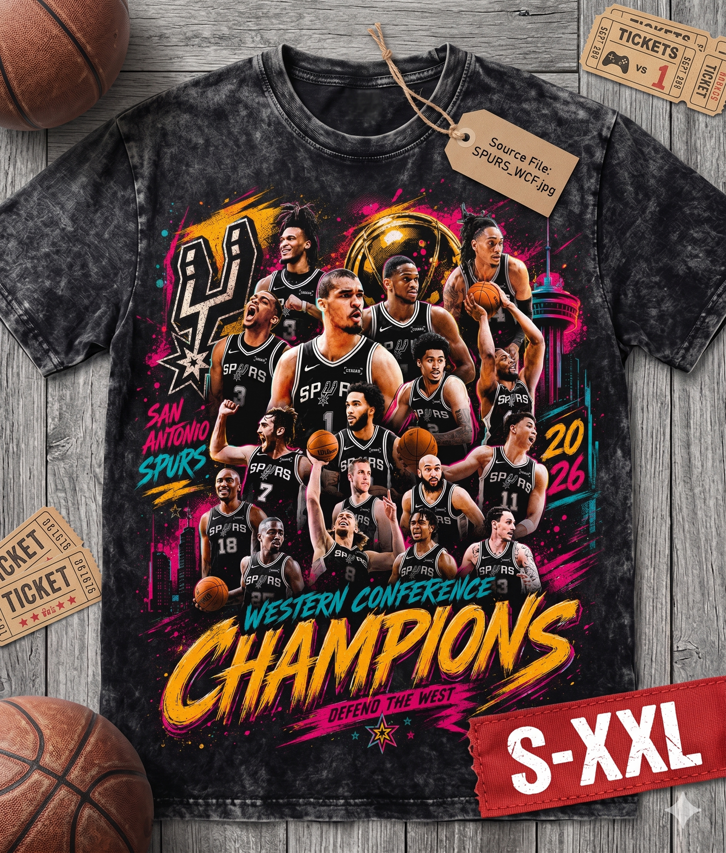 WCF CHAMPIONS Jumbo Print Acid Washed Vintage 90s Style Heavyweight T-Shirt