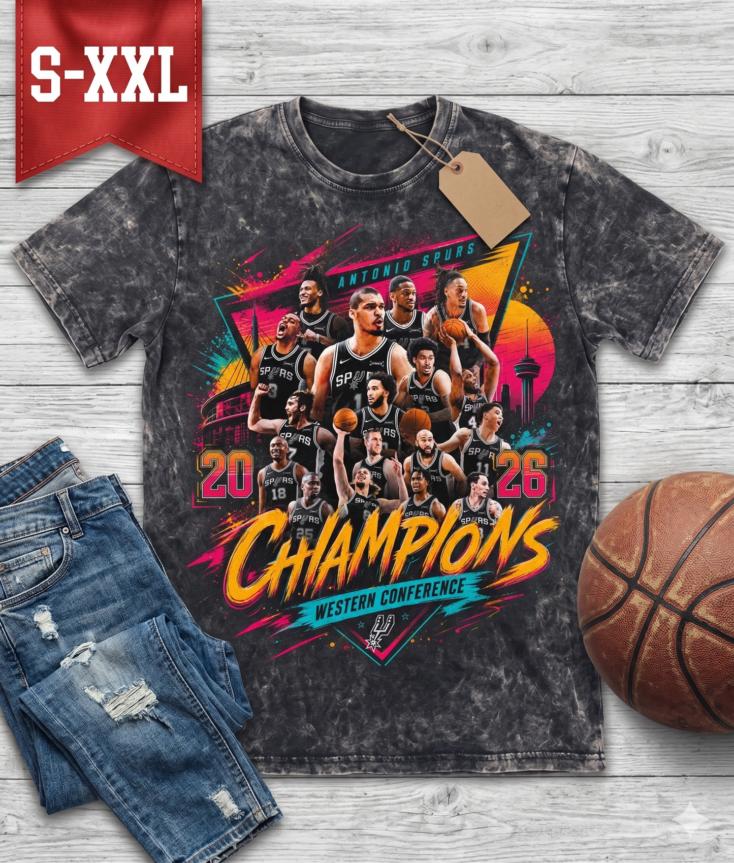 WCF CHAMPIONS Jumbo Print Acid Washed Vintage 90s Style Heavyweight T-Shirt