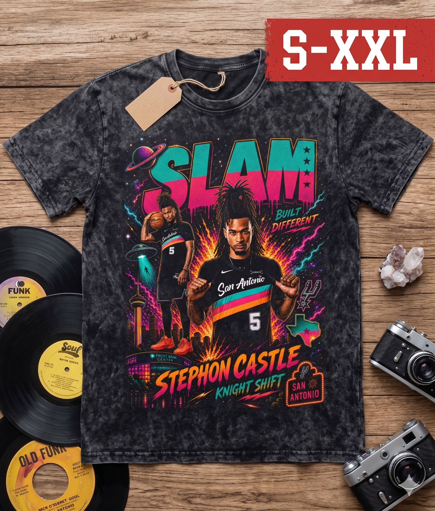 STEPHON CASTLE Jumbo Print Acid Washed Vintage 90s Style Heavyweight T Shirt