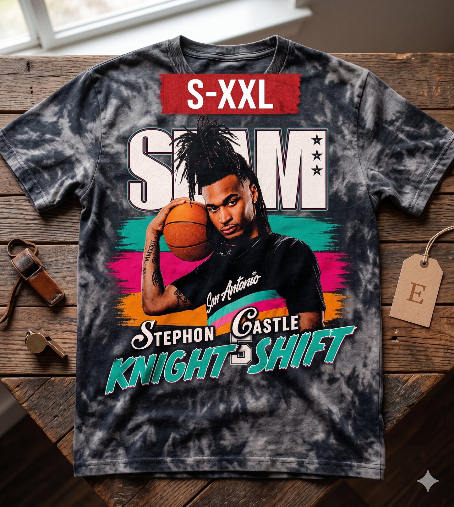 STEPHON CASTLE Jumbo Print Acid Washed Vintage 90s Style Heavyweight T Shirt