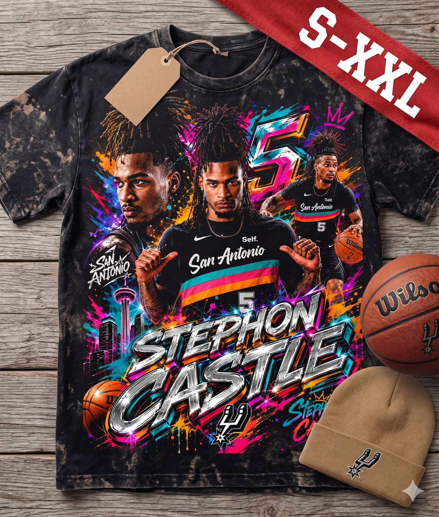 STEPHON CASTLE Jumbo Print Acid Washed Vintage 90s Style Heavyweight T-Shirt