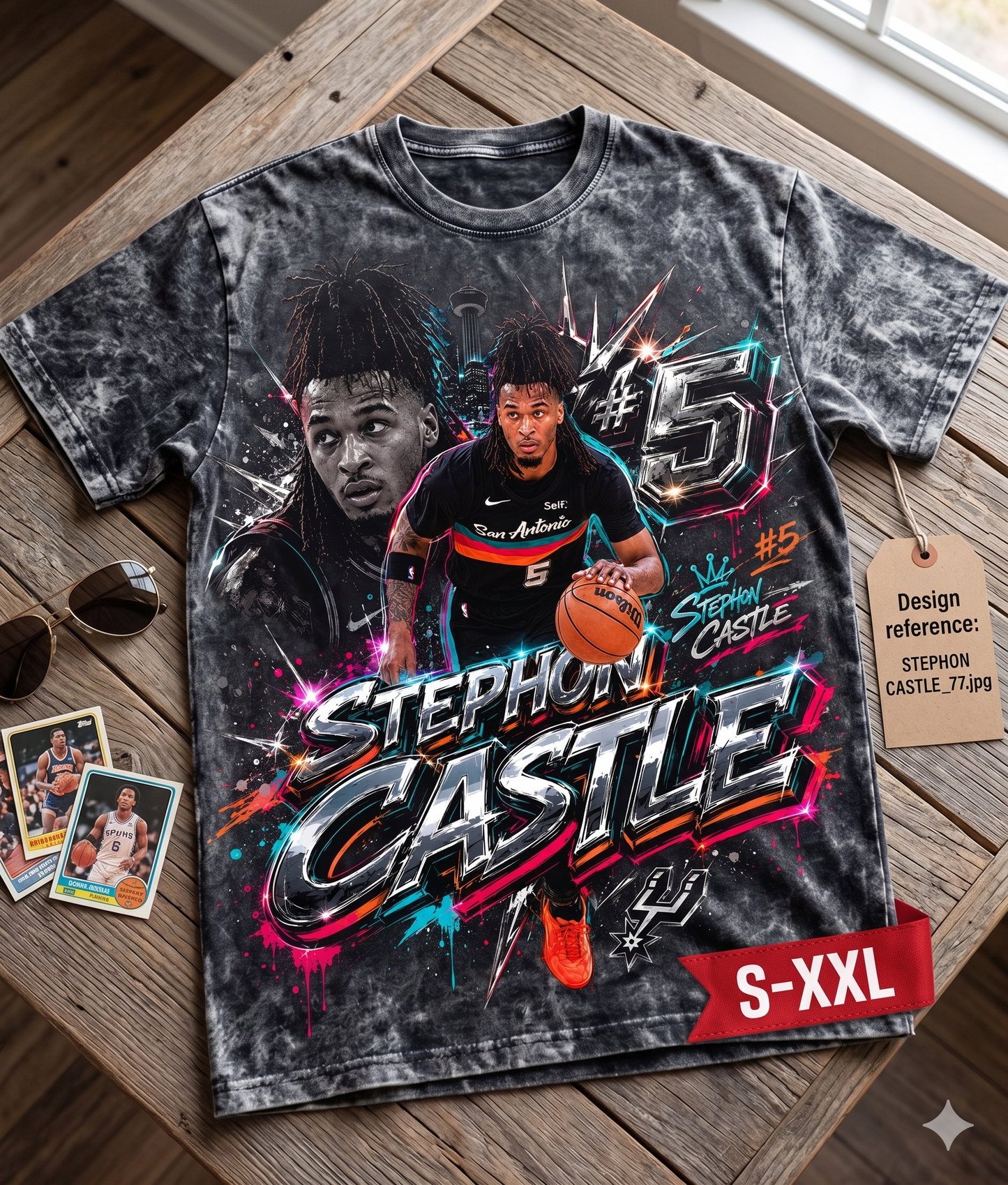 STEPHON CASTLE Jumbo Print Acid Washed Vintage 90s Style Heavyweight T-Shirt