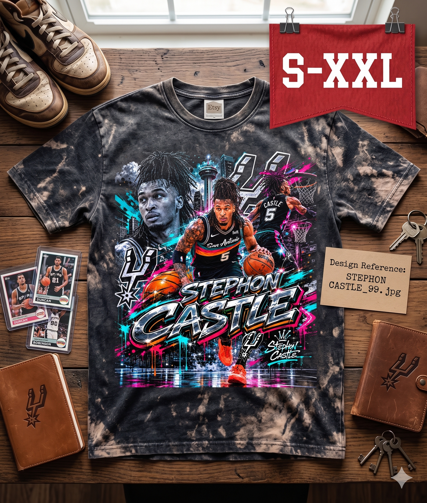 STEPHON CASTLE Jumbo Print Acid Washed Vintage 90s Style Heavyweight T-Shirt
