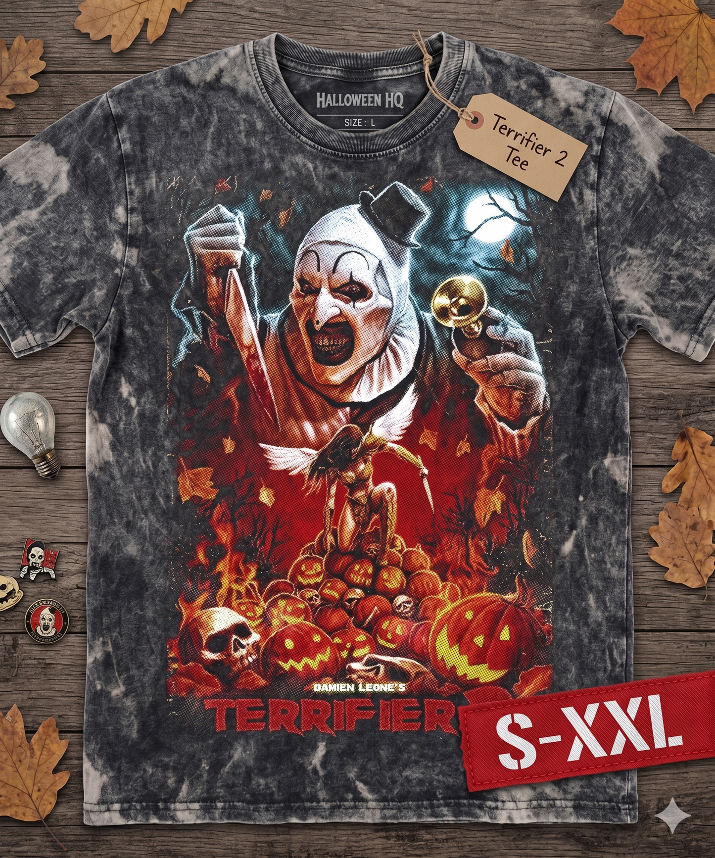 TERRIFIER 2 Jumbo Print Acid Washed Vintage 90s Style Heavyweight T-Shirt