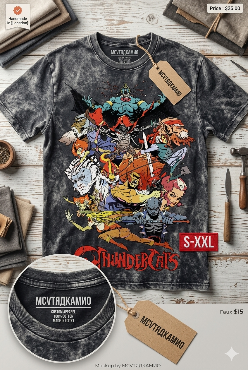 THUNDERCATS Jumbo Print Acid Washed Vintage 90s Style Heavyweight T-Shirt