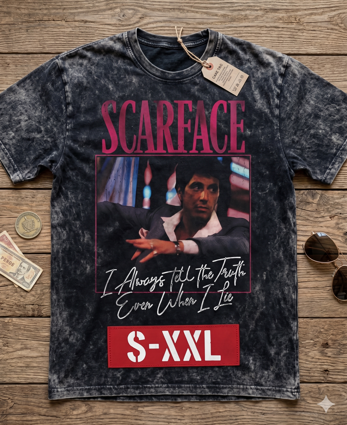 TONY SCARFACE MONTANA Jumbo Print Acid Washed Vintage 90s Style Heavyweight T-Shirt