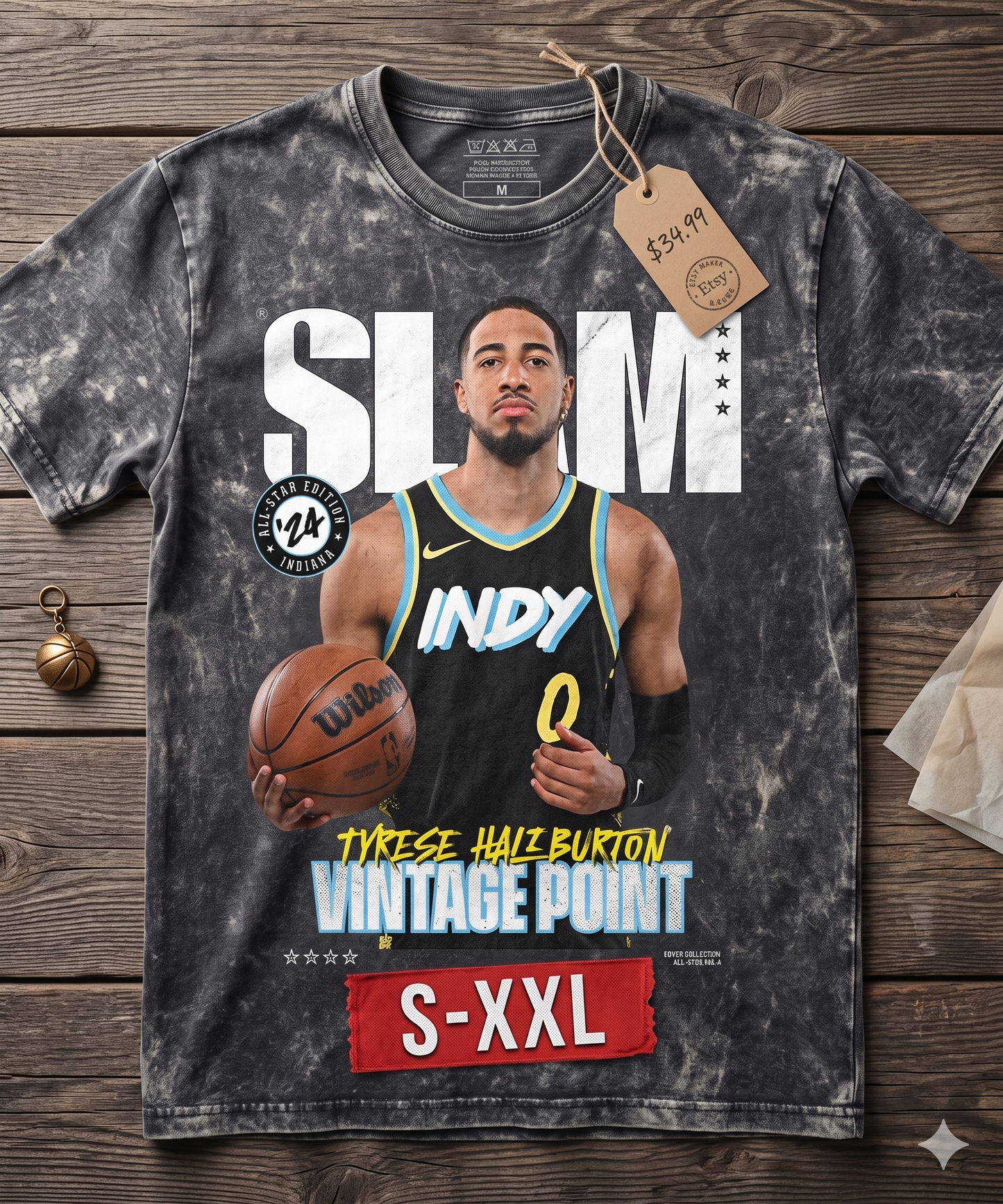 TYRESE HALIBURTON VANTAGE POINT Jumbo Print Acid Washed Vintage 90s Style Heavyweight T-Shirt